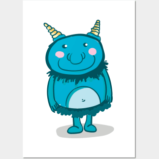 Cute blue monster with magic horns Posters and Art